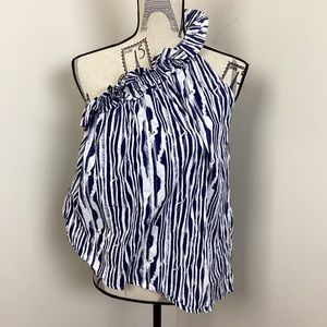 Review Women’s White Blue Ruffled One Shoulder Top